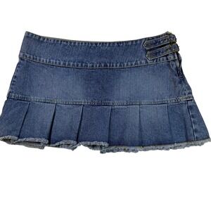Let Me B Denim Mini Skirt Pleated Frayed Hem Buckle Detail Y2K Blue Size 9